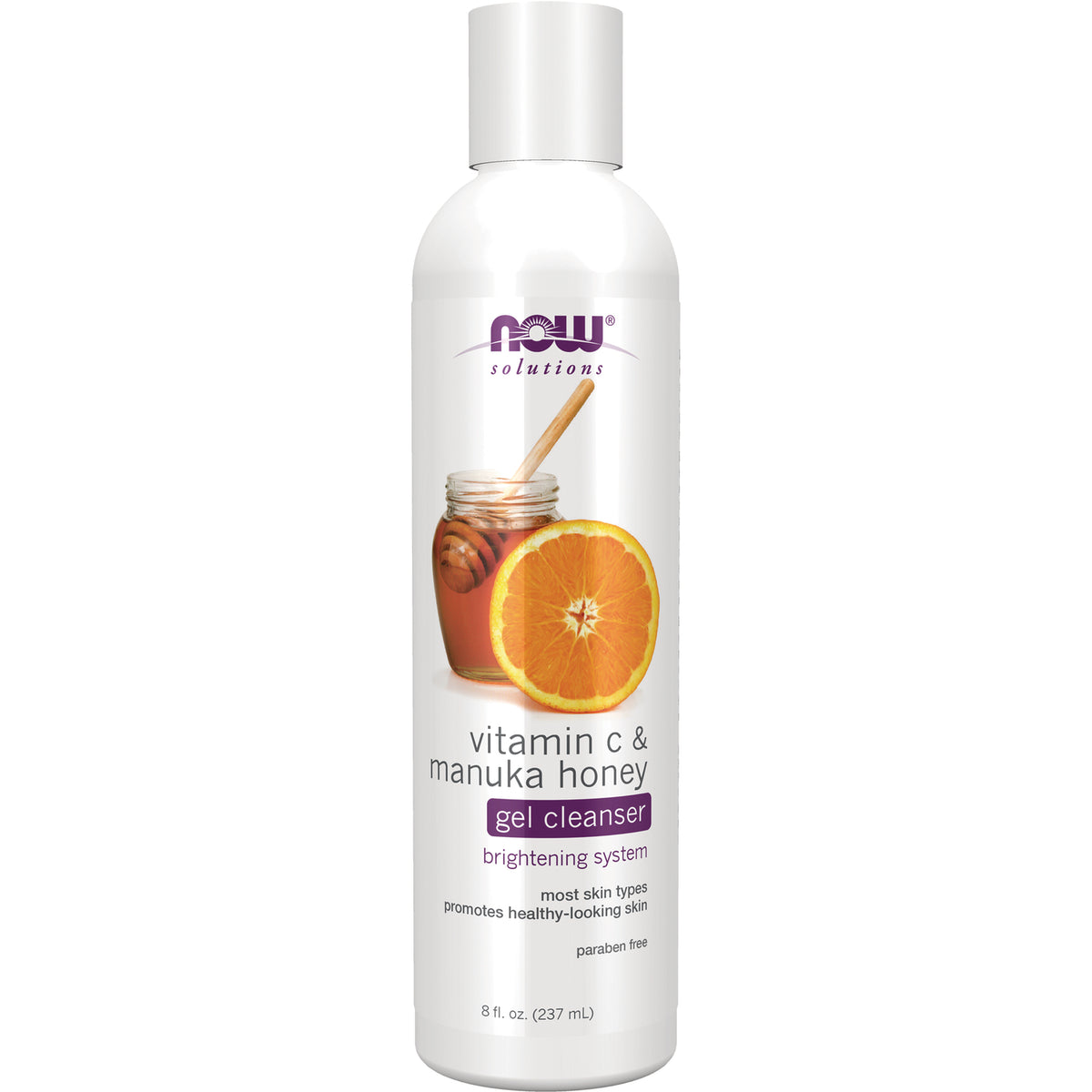 NWF973 | NOW Solutions vitamin C & manuka honey gel cleanser bottle showing orange slice and honey jar on label
