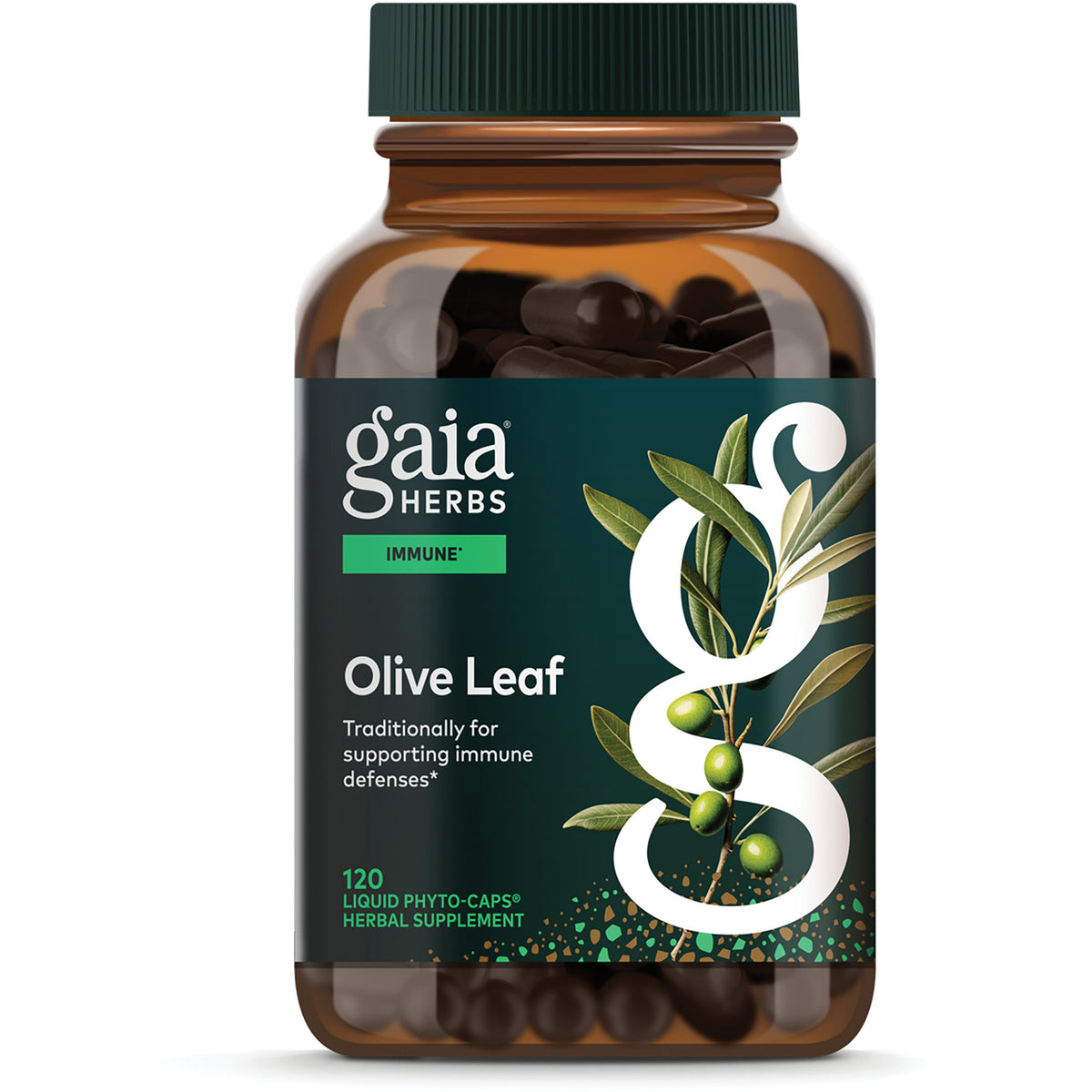 GH071 | Gaia Herbs Olive Leaf supplement bottle front showing label Immune Support and 120 vegan liquid phyto-caps