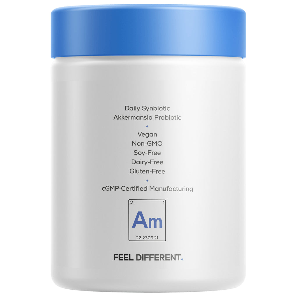 CDG001 | Back label of white jar: Daily Synbiotic Akkermansia Probiotic 3-Month Supply; Vegan, Non-GMO, Soy-Free, Dairy-Free, Gluten-Free, cGMP - Thumbnail