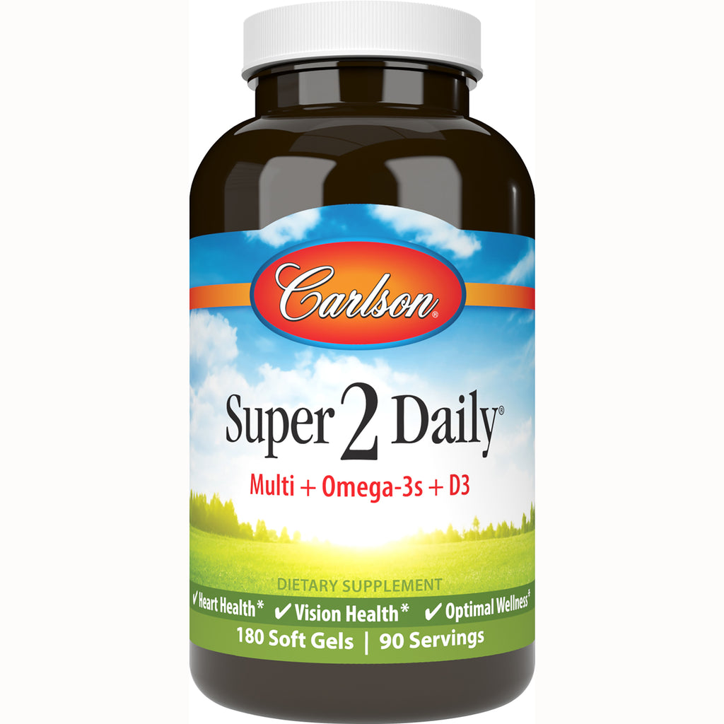CSN182 | Carlson Super 2 Daily multi + Omega-3s + D3 dietary supplement bottle, 180 soft gels front label - Thumbnail