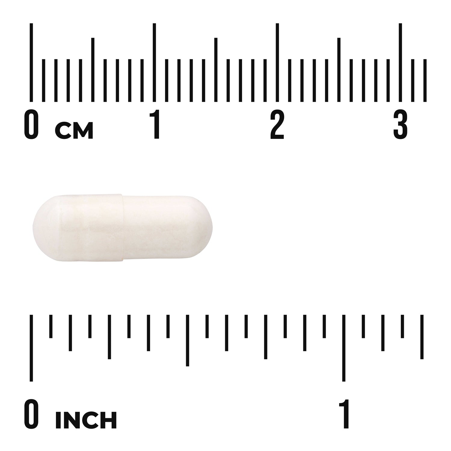 SWU714 | White capsule shown with cm and inch rulers for size