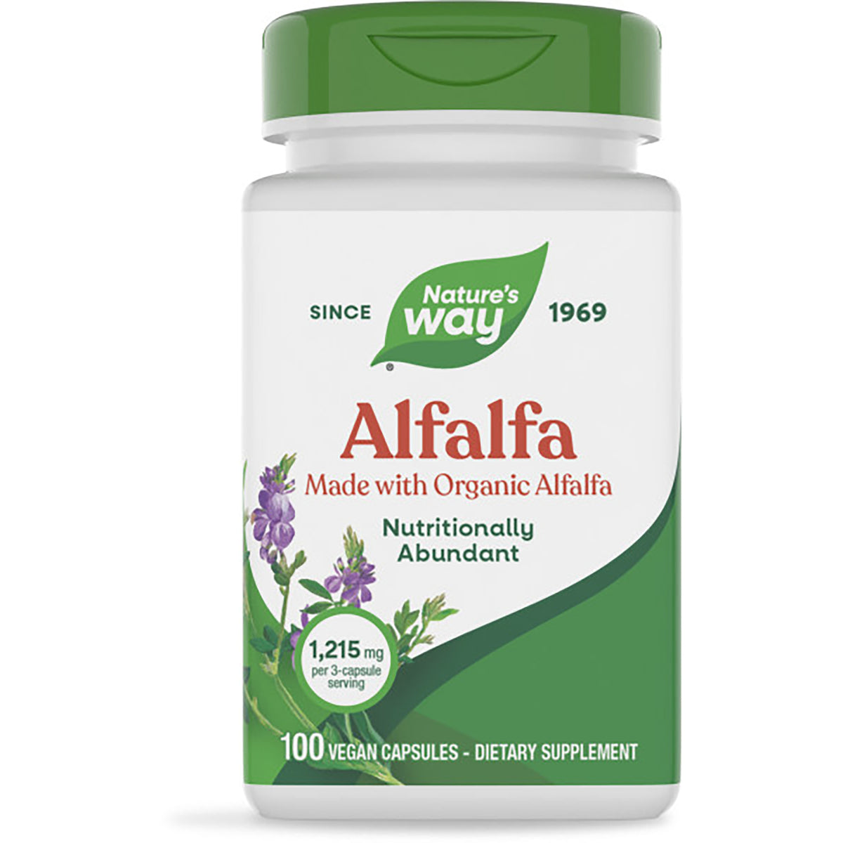 NW106 | Nature's Way Alfalfa dietary supplement bottle front label, 100 vegan capsules