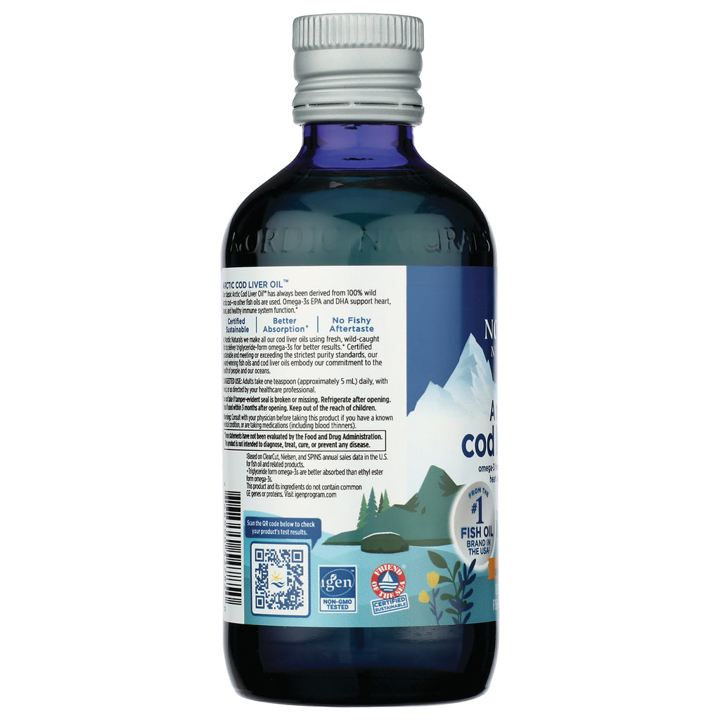 NRN073 | back label of dark blue cod liver oil bottle showing ingredients panel, QR code, and certifications - Thumbnail