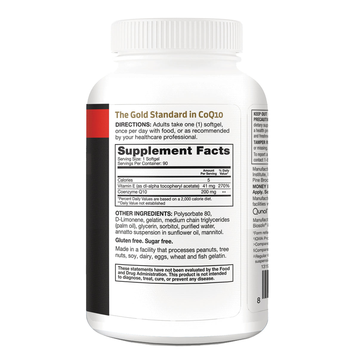 QNL016 | Back label of a CoQ10 softgel supplement bottle with Supplement Facts and directions