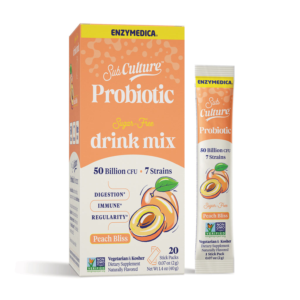 EMD105 | Enzymedica SubCulture Probiotic Drink Mix box and single serving stick pack, orange label, peach bliss flavor, 20 stick packs - Thumbnail