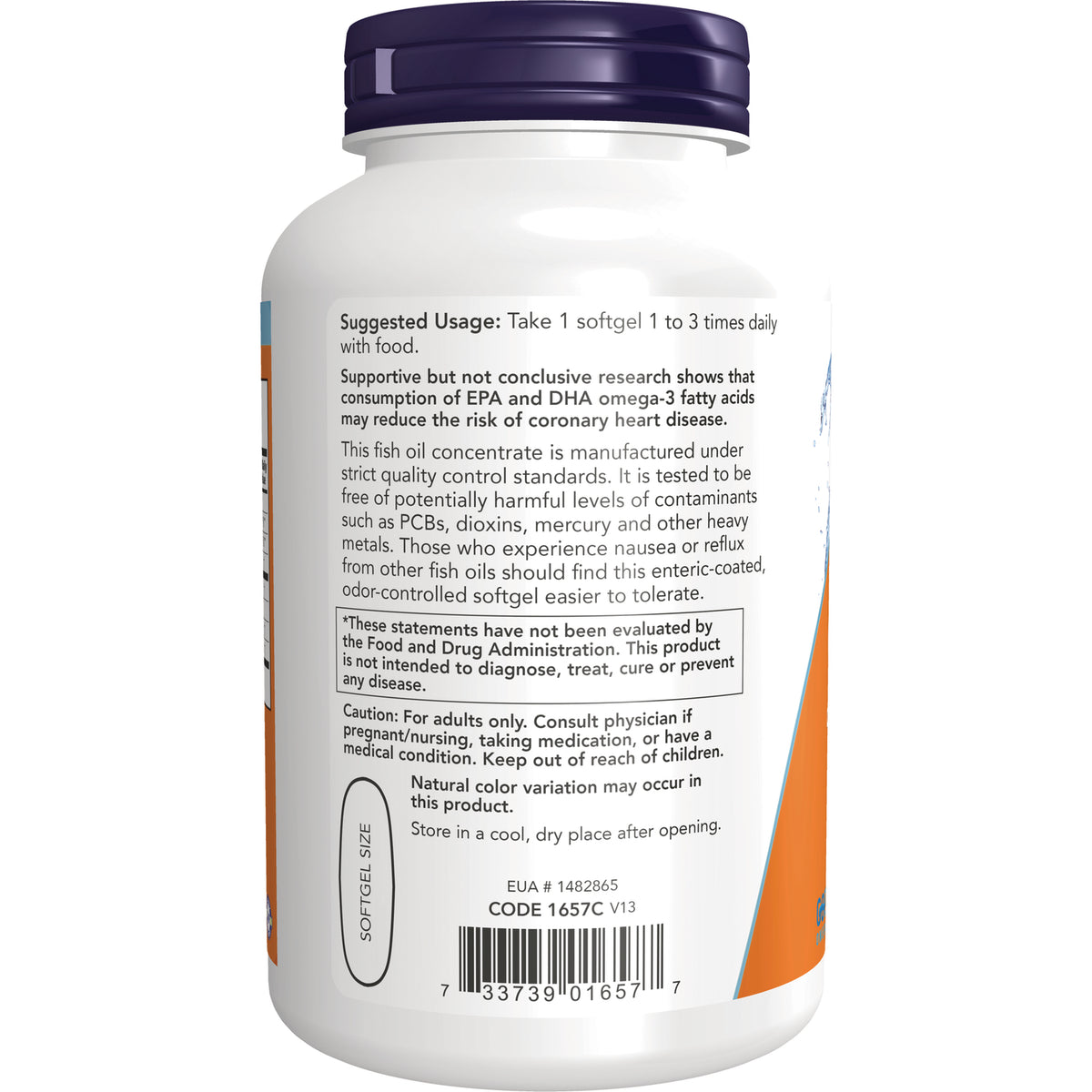 NWF071 | Back label of fish oil softgel bottle showing usage directions, caution text and barcode