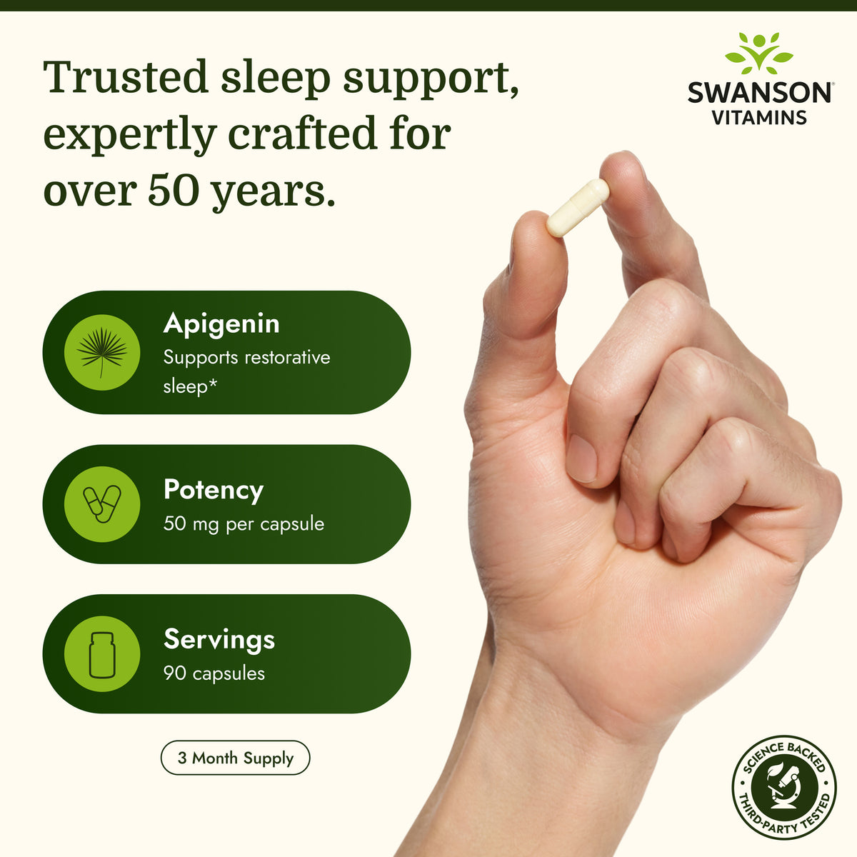 SWU375 | Sleep support infographic with apigenin, 50 mg per capsule, 90 capsules, and 3 month supply