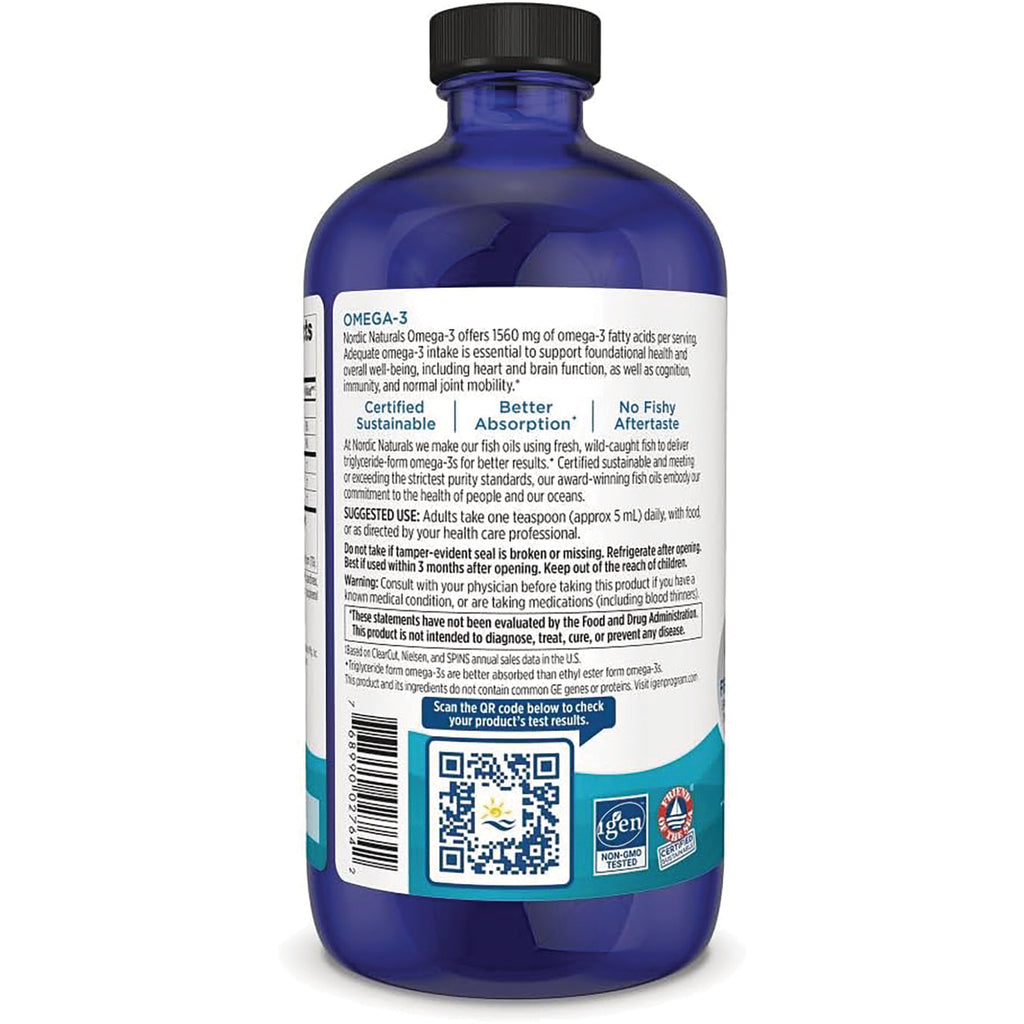 NRN028 | Back of blue omega-3 supplement bottle showing nutrition and usage text, barcode, QR code, and label details - Thumbnail