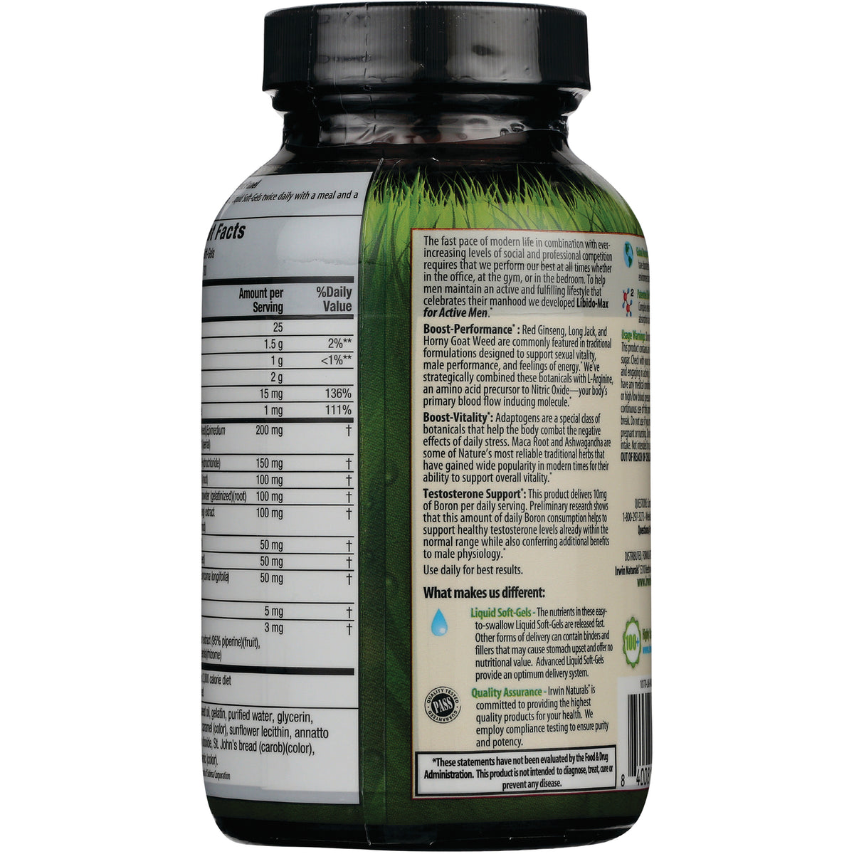 IR203 | Back of green supplement bottle showing Supplement Facts panel and product information