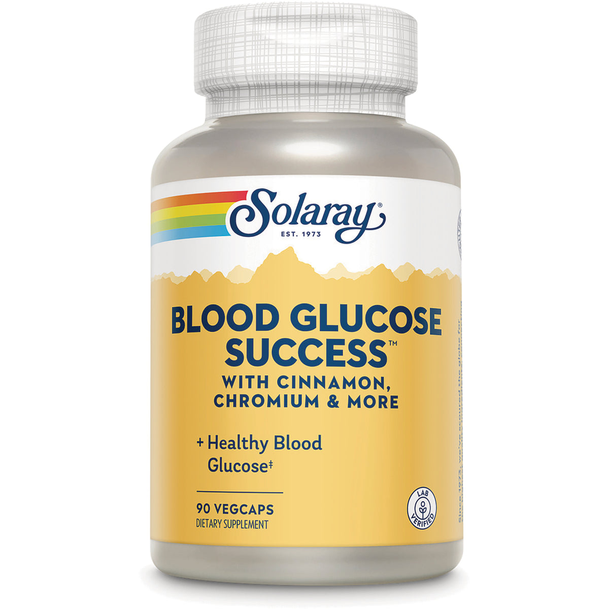 SLR332 | Solaray Blood Glucose Success supplement bottle front labeled BLOOD GLUCOSE SUCCESS with 90 vegcaps
