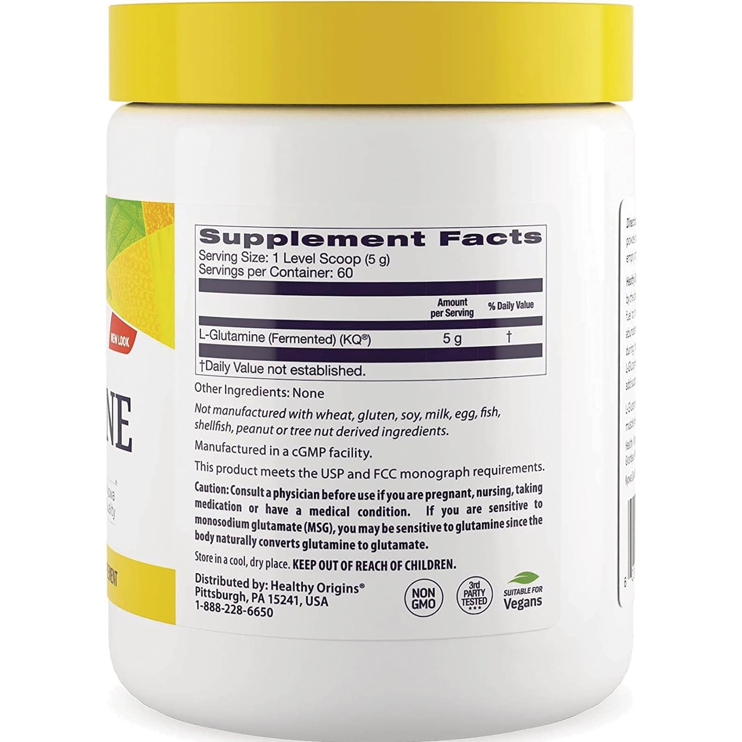 HRG185 | Back of white supplement jar showing Supplement Facts label, L-Glutamine 5 g, warnings and certifications