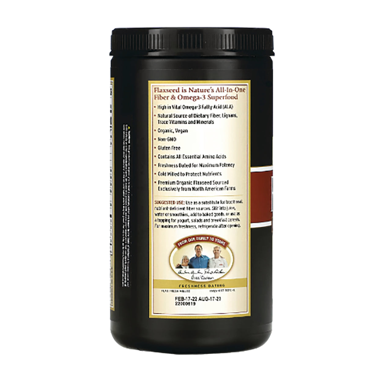 Back label of black supplement jar showing ingredient list, suggested use and freshness dating