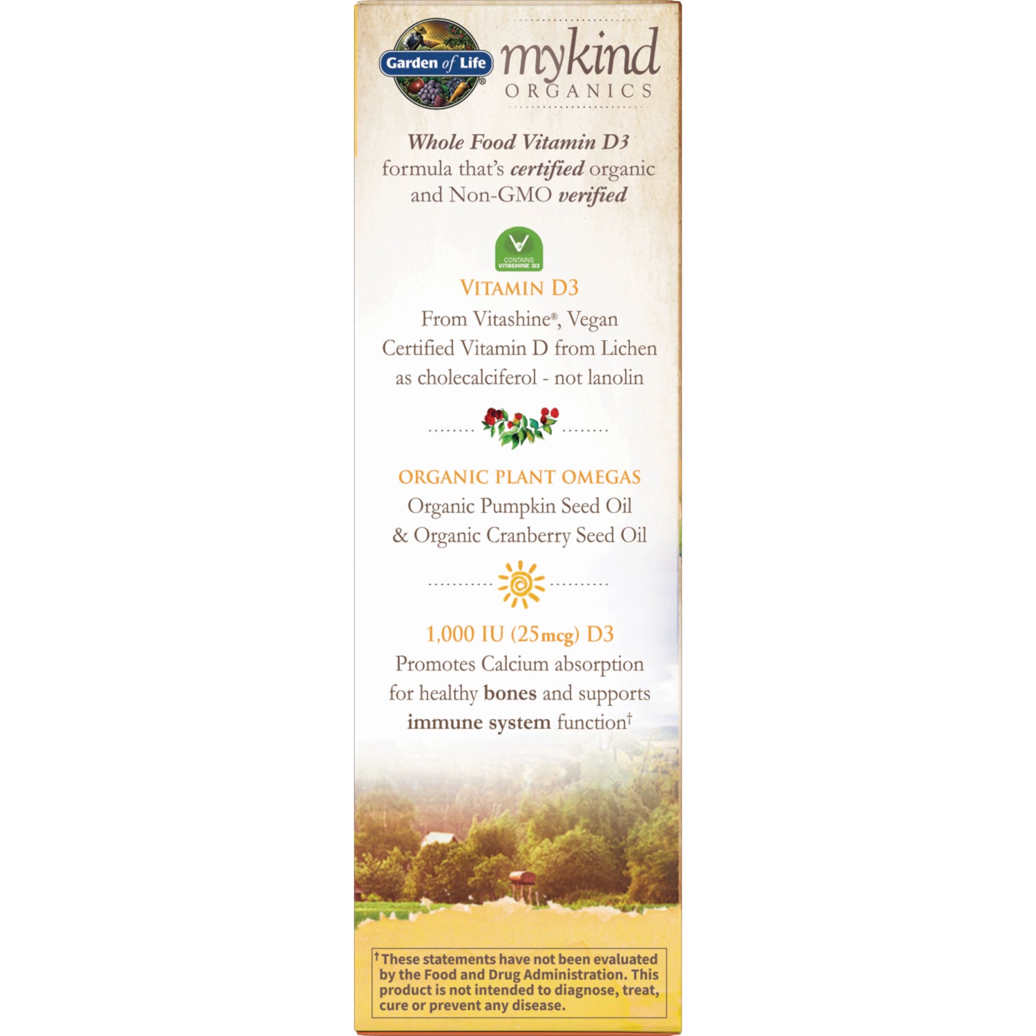 GLF187 | mykind Organics Vitamin D3 product infographic listing organic plant omegas, 1,000 IU (25mcg) D3 and bone and immune support