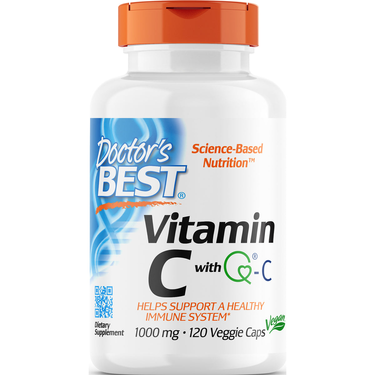 DB147 | White bottle with orange cap labeled Doctor's Best Vitamin C with Q-C 1000 mg 120 Veggie Caps vegan