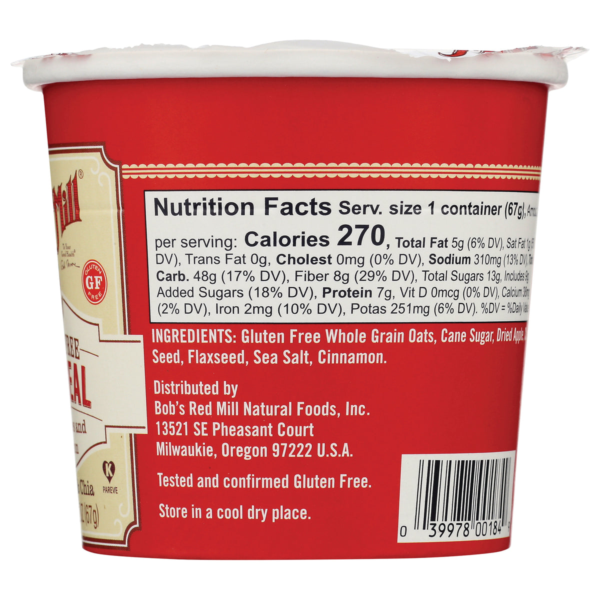 BOB229 | Back of red oatmeal cup showing Nutrition Facts panel, ingredients list and barcode