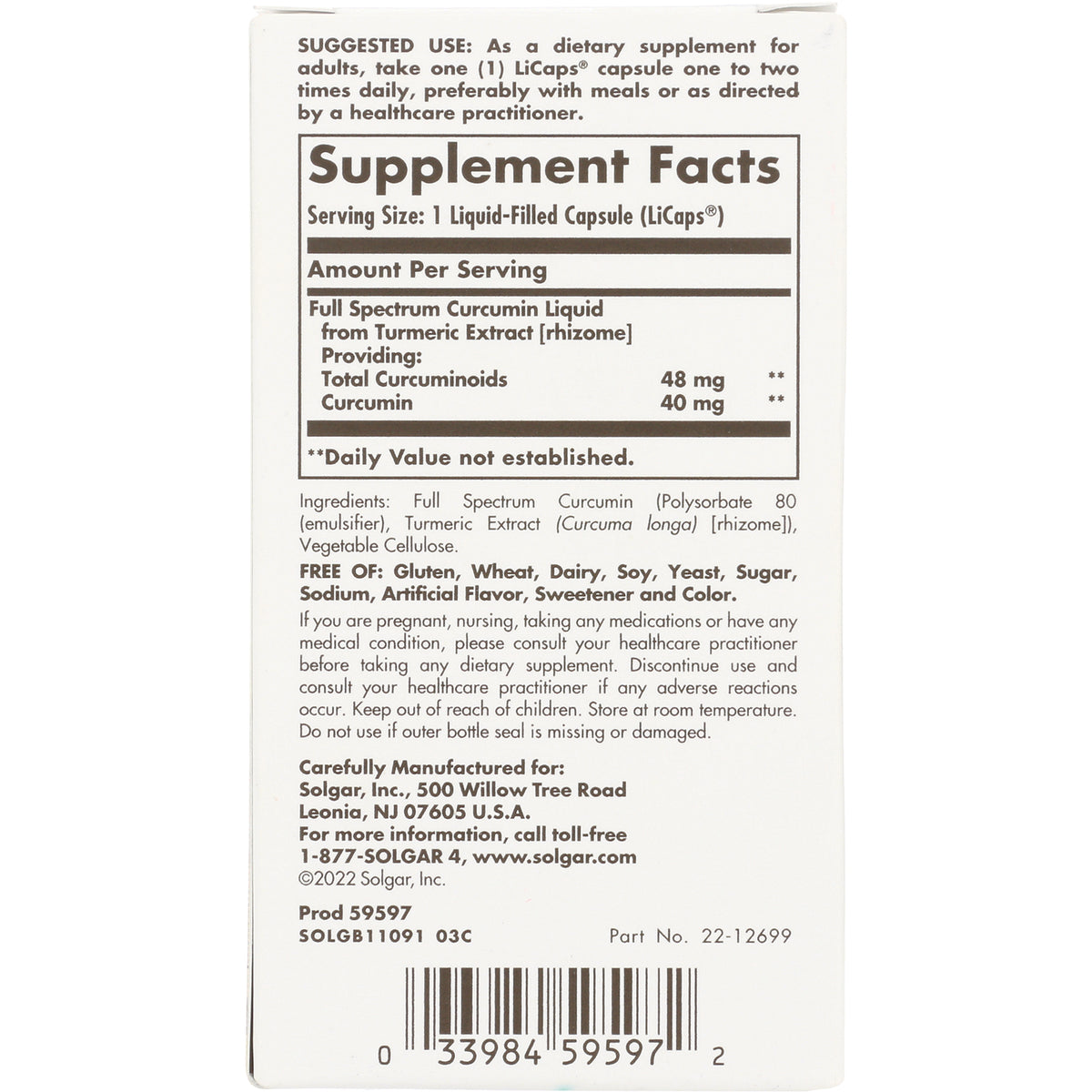 Supplement Facts panel and ingredients list on white supplement box with barcode