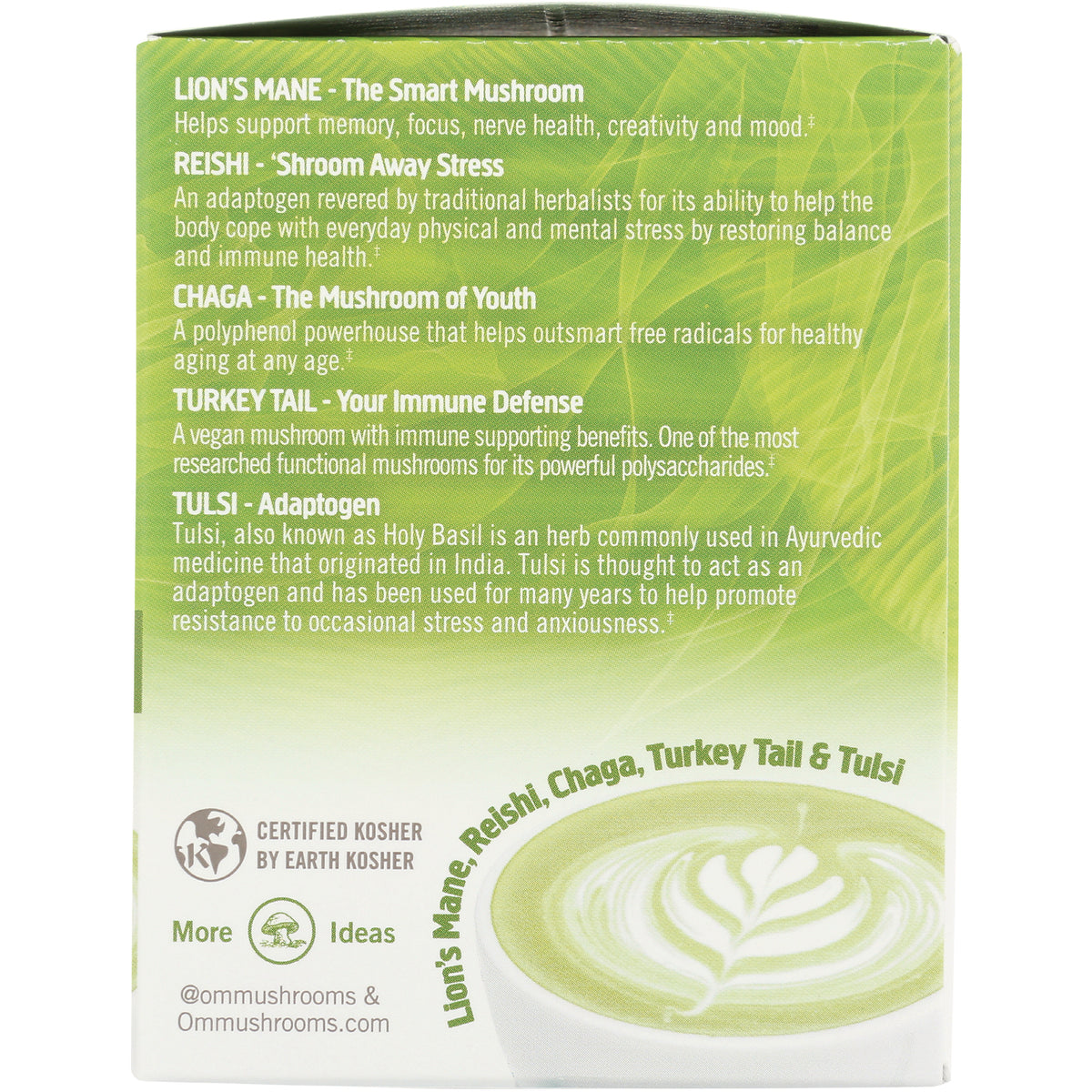 MMX037 | Product infographic listing Lion's Mane, Reishi, Chaga, Turkey Tail and Tulsi benefits on a green box panel