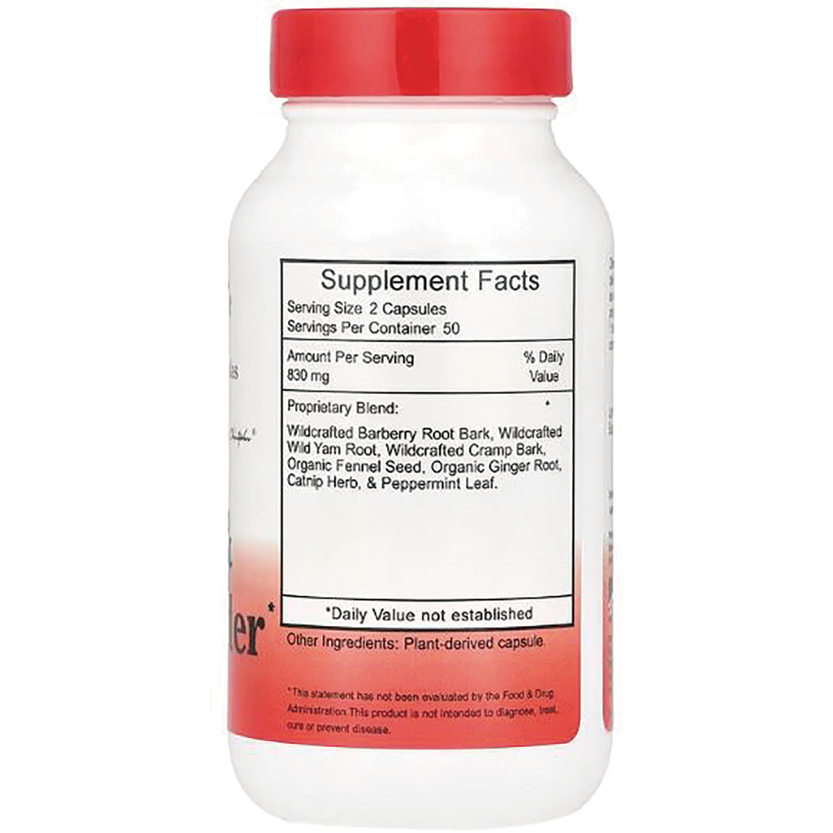 DCR006 | Back label showing Supplement Facts panel and ingredients on white bottle with red cap