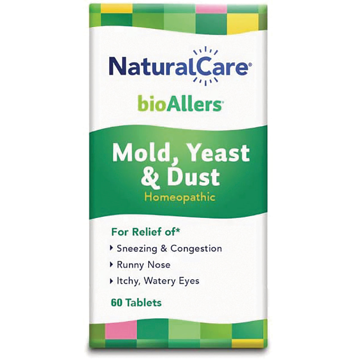 NTB033 | NaturalCare bioAllers Mold, Yeast & Dust homeopathic 60-tablet box front packaging listing relief for sneezing, runny nose, itchy watery eyes