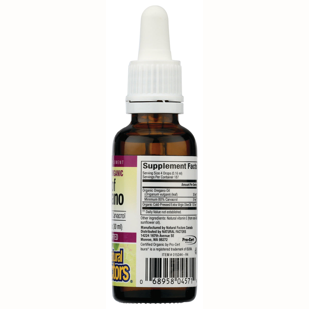 NFC075 | Back of amber dropper bottle showing Supplement Facts label, ingredients panel and barcode