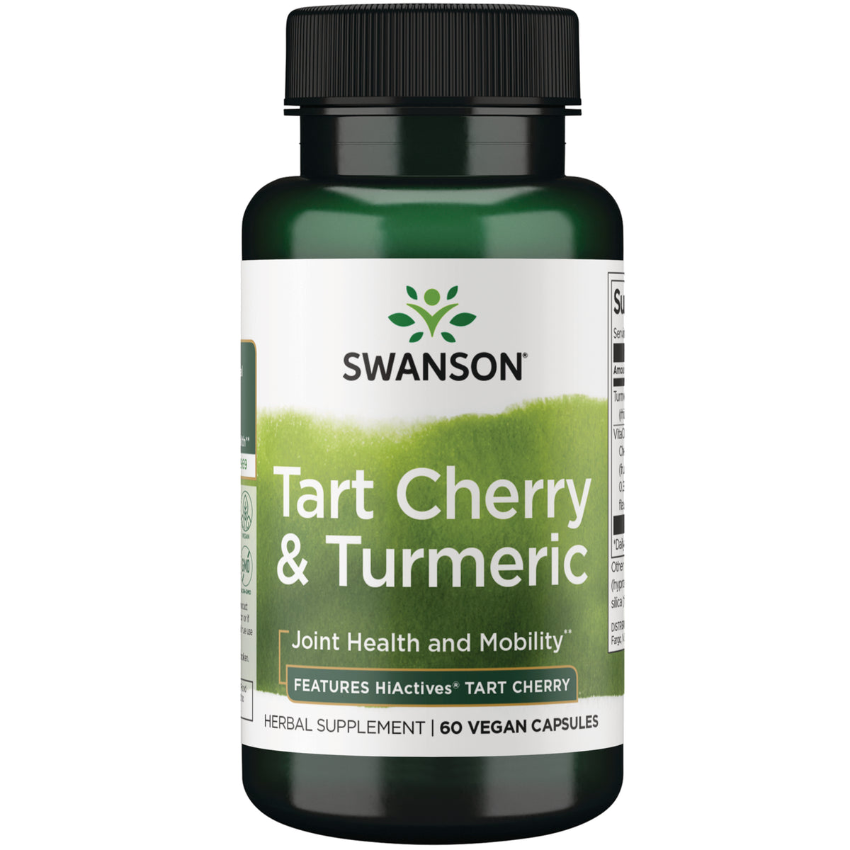 SWH253 | Four Swanson bottles labeled Tart Cherry & Turmeric herbal supplement 60 VEGAN CAPSULES front view || SWH253 | Three front-facing Swanson Tart Cherry & Turmeric supplement bottles showing 60 vegan capsules and joint health and mobility || SWH253 | Two Swanson Tart Cherry & Turmeric supplement bottles front label 60 vegan capsules