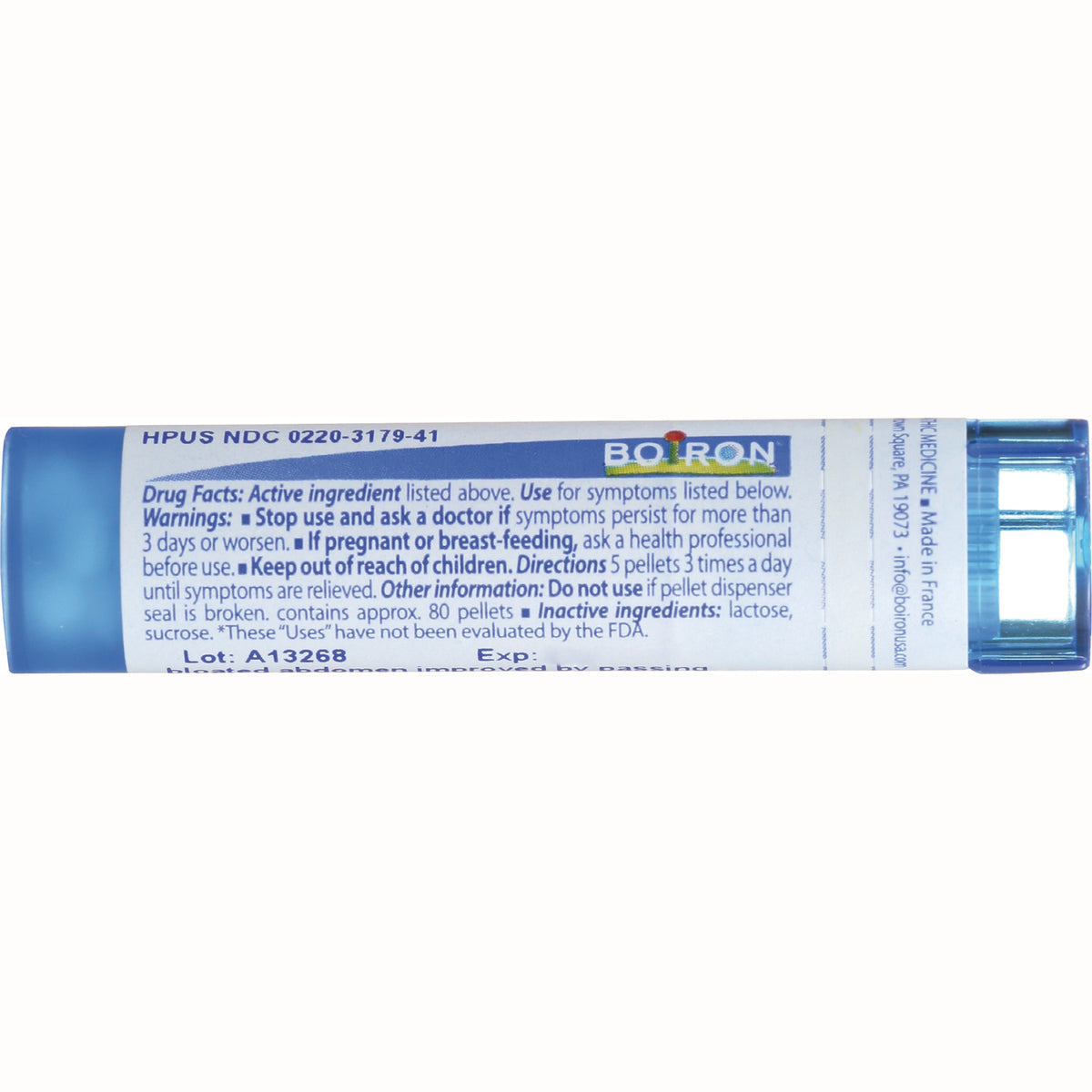 BRN064 | back label of blue-capped homeopathic pellet tube showing Drug Facts, warnings, lot and directions