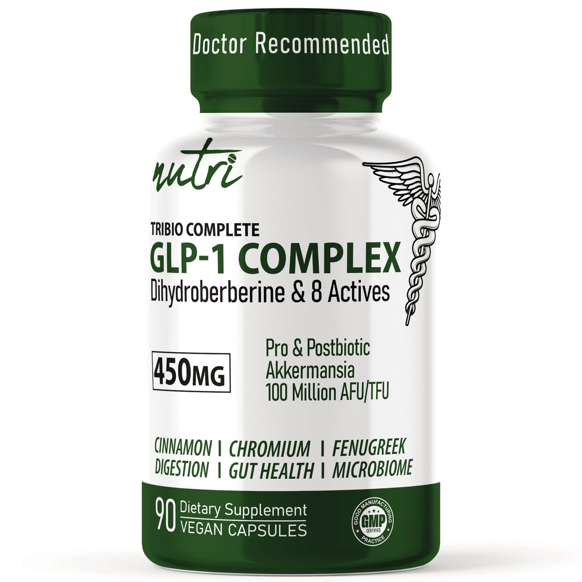 NFU014 | White supplement bottle labeled GLP-1 COMPLEX Dihydroberberine & 8 Actives 450MG 90 vegan capsules