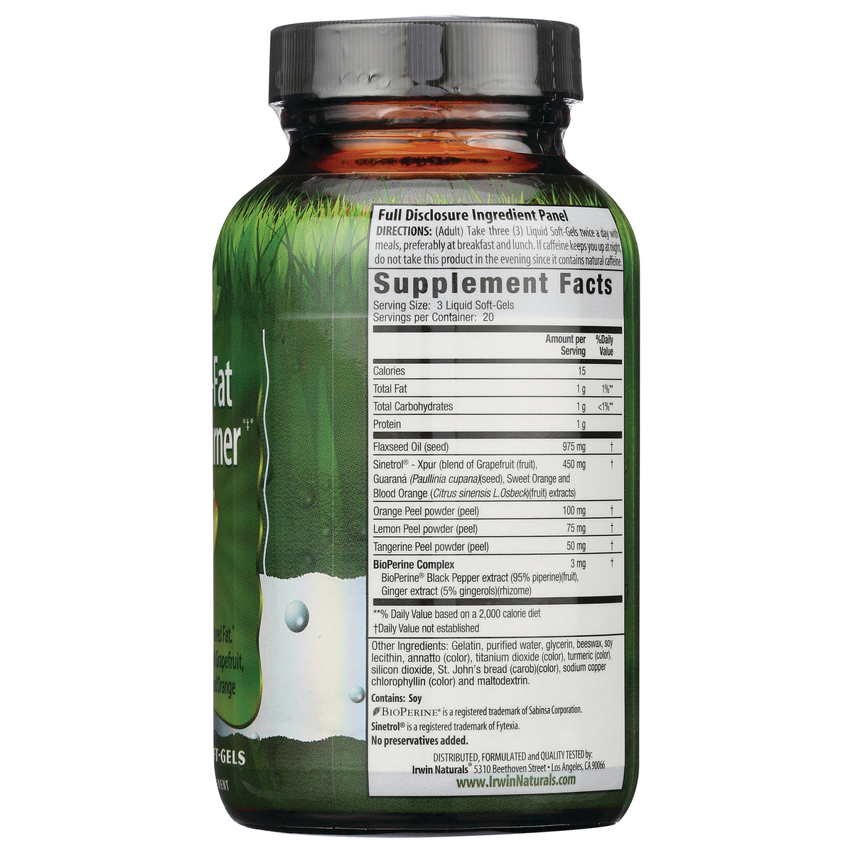 IR223 | Back of amber supplement bottle showing Supplement Facts panel and ingredient list