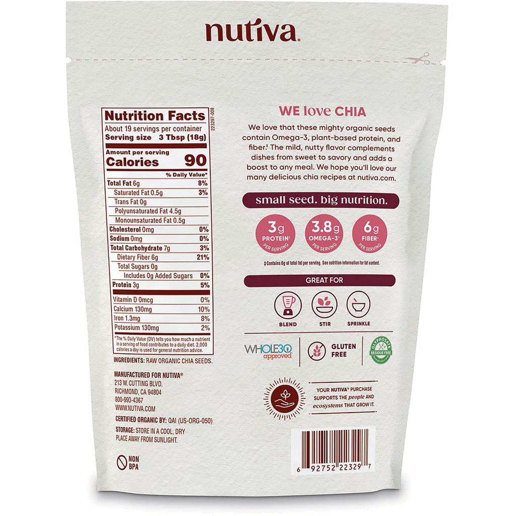 NTV032 | back of Nutiva chia seeds pouch showing Nutrition Facts panel, serving size, and certifications - Thumbnail