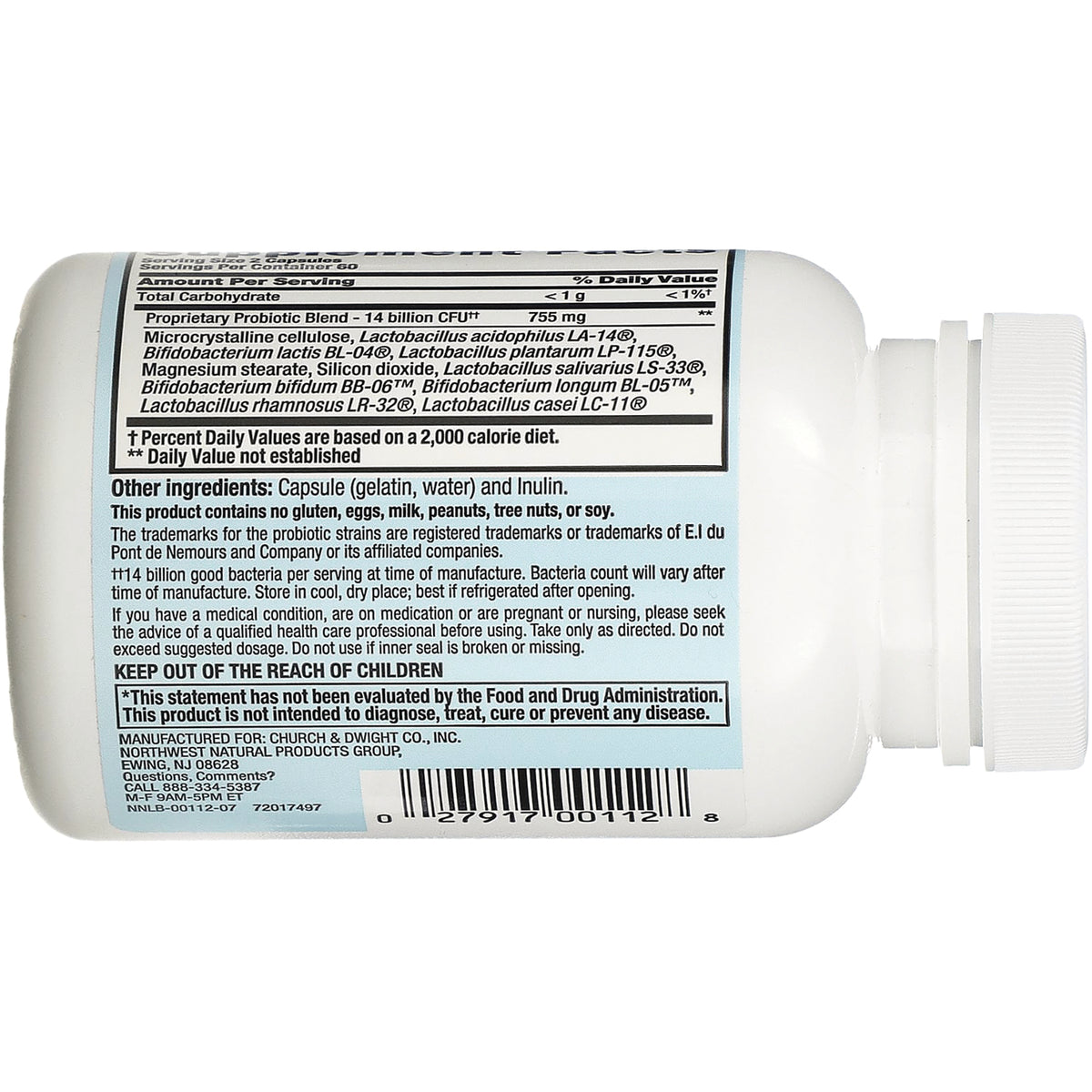 NTN010 | Back label of white supplement bottle showing supplement facts, ingredients, warnings, and barcode