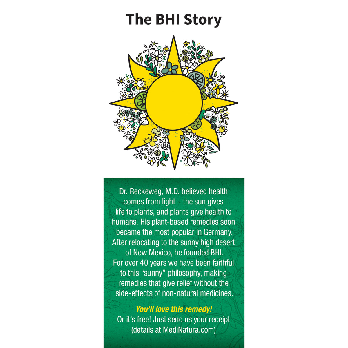 MNA029 | side panel reading The BHI Story with copy about Dr. Reckeweg and BHI brand history on green and white background