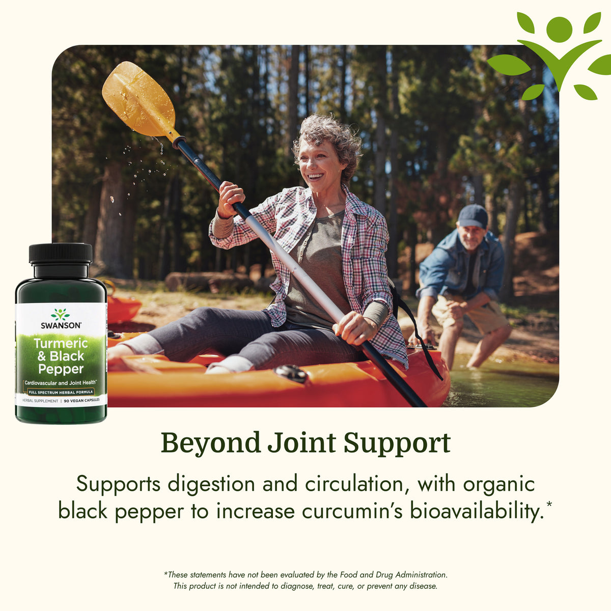 SW1877 | Swanson Turmeric & Black Pepper supplement shown with kayaking lifestyle scene and benefit text