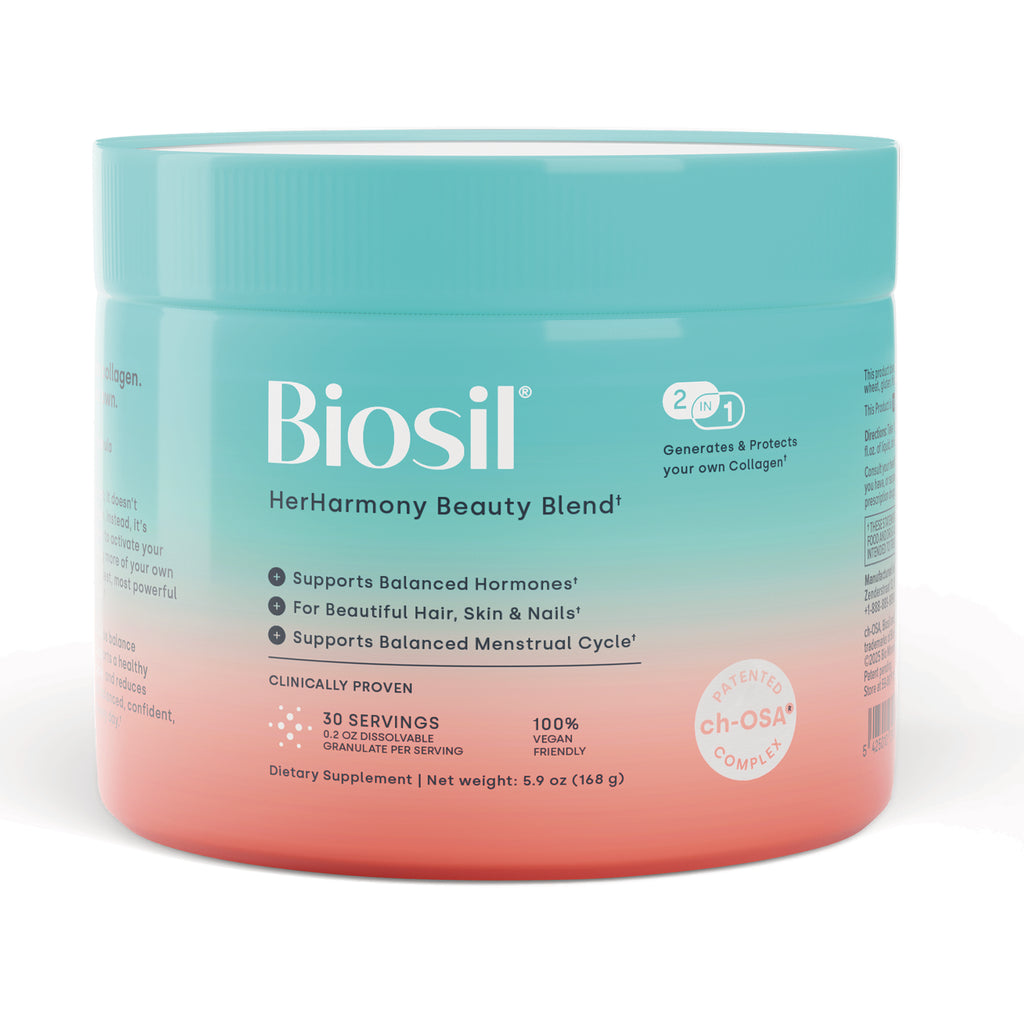 NFC216 | Biosil HerHarmony Beauty Blend teal-to-coral supplement jar front label showing 30 servings - Thumbnail