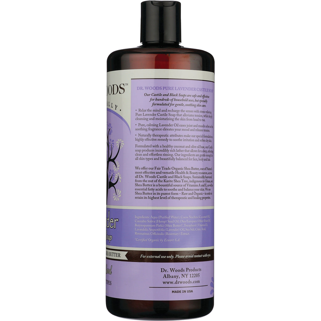 DRW029 | Back label of lavender castile soap bottle showing ingredients, usage instructions, and company information - Thumbnail