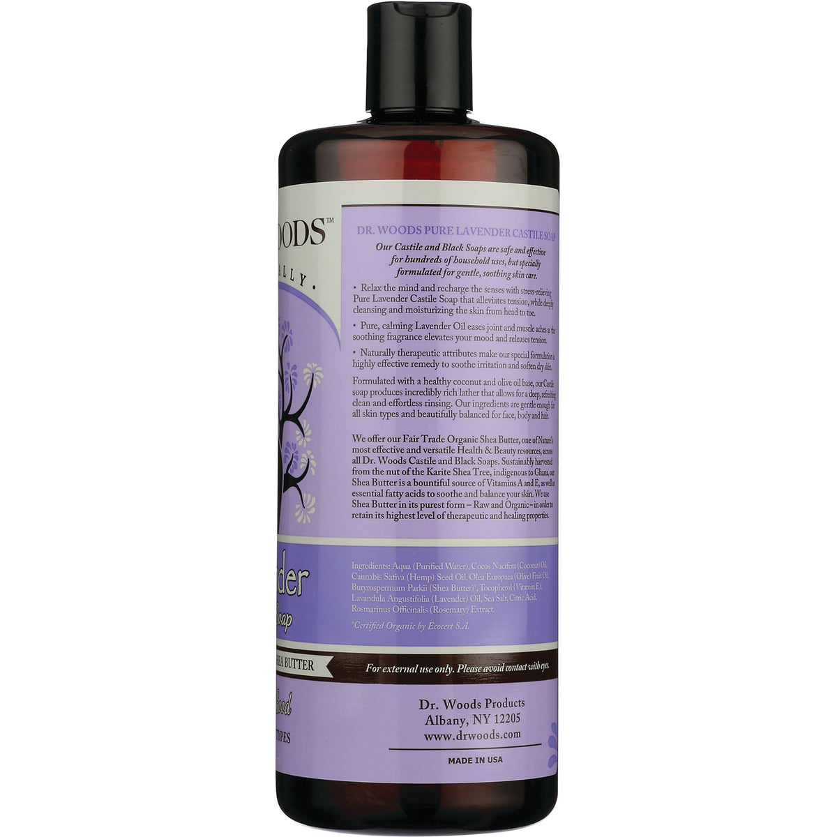 DRW029 | Back label of lavender castile soap bottle showing ingredients, usage instructions, and company information