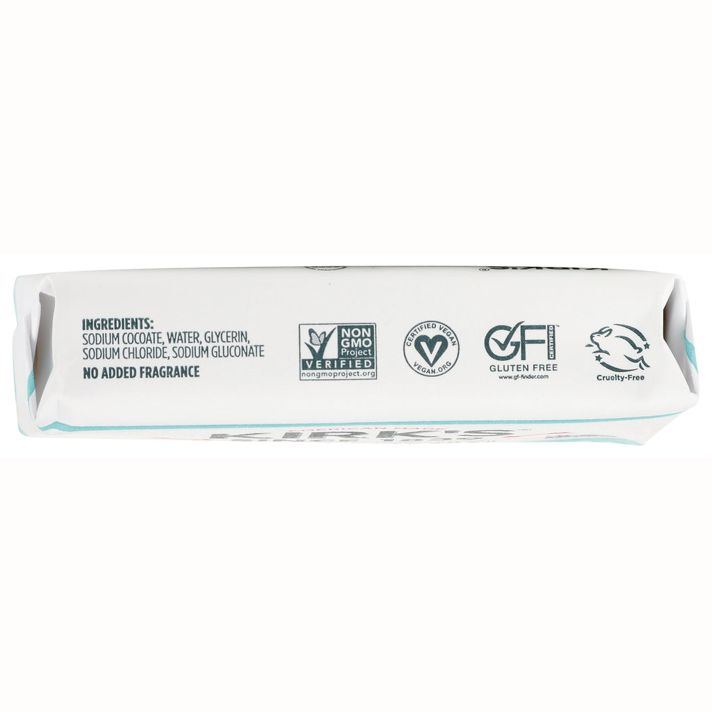 KIR002 | Back of bar soap package showing ingredients including sodium cocoate, water, glycerin and logos for Non-GMO, vegan, gluten-free, cruelty-free - Thumbnail