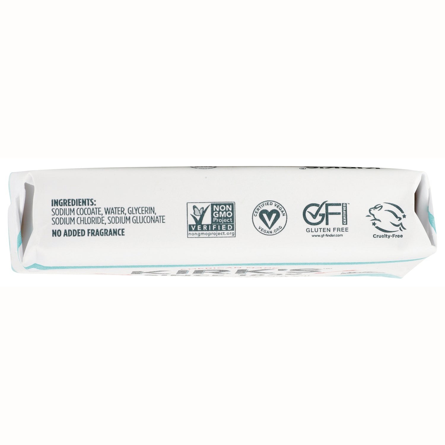 KIR002 | Back of bar soap package showing ingredients including sodium cocoate, water, glycerin and logos for Non-GMO, vegan, gluten-free, cruelty-free