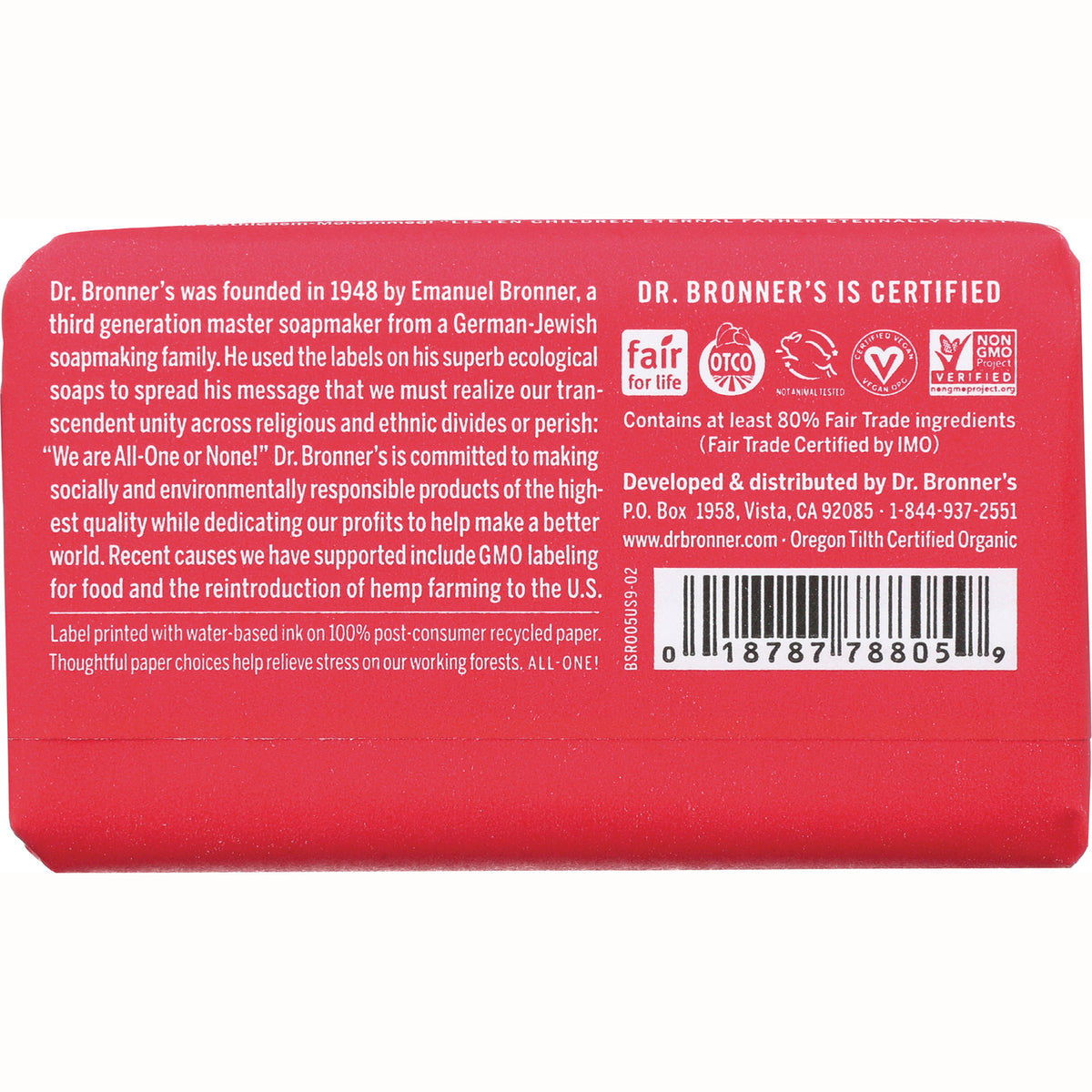 DRB019 | red Dr. Bronner's soap back label with product history, certifications and barcode