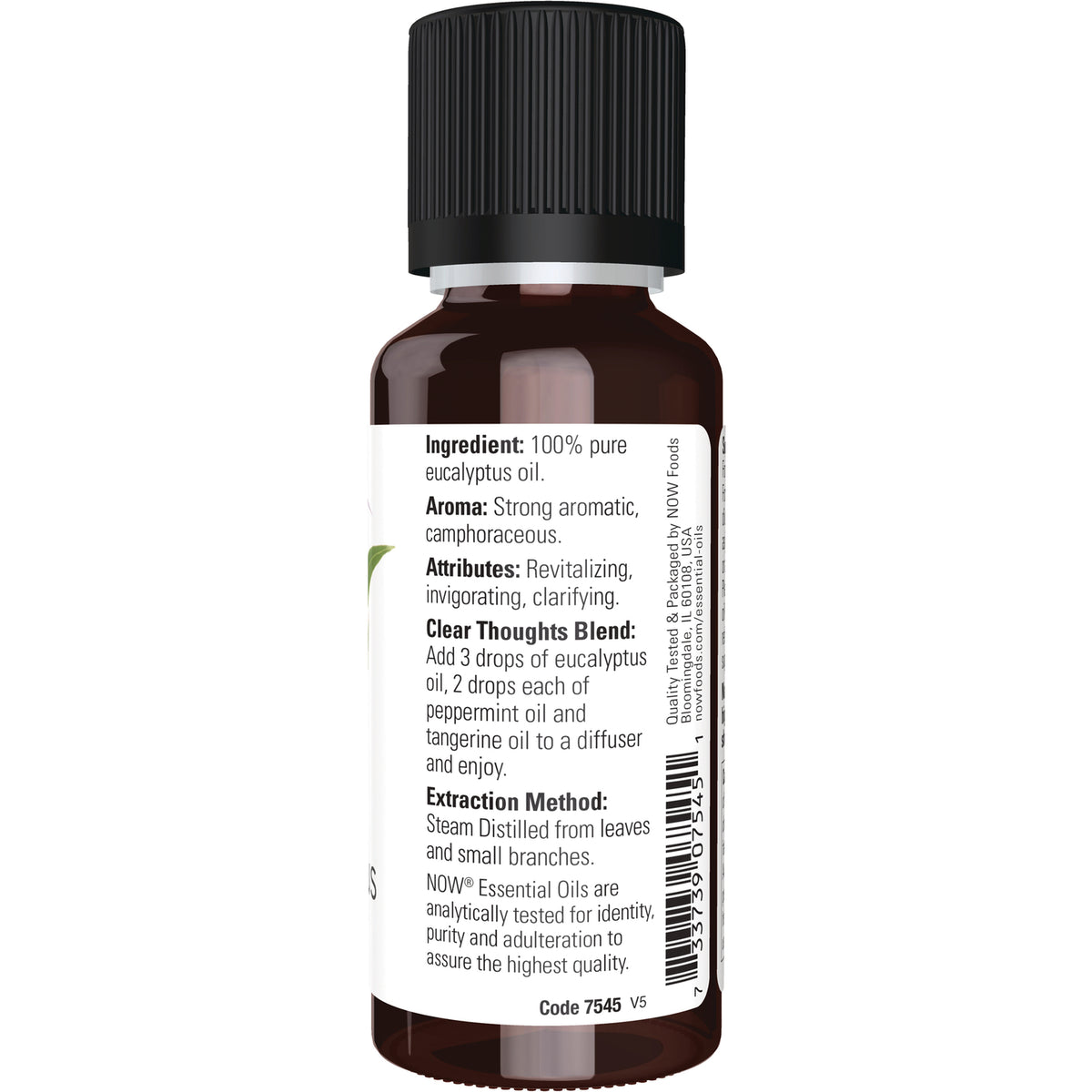 NWF045 | Back label of brown essential oil bottle reading Ingredient: 100% pure eucalyptus oil and extraction method