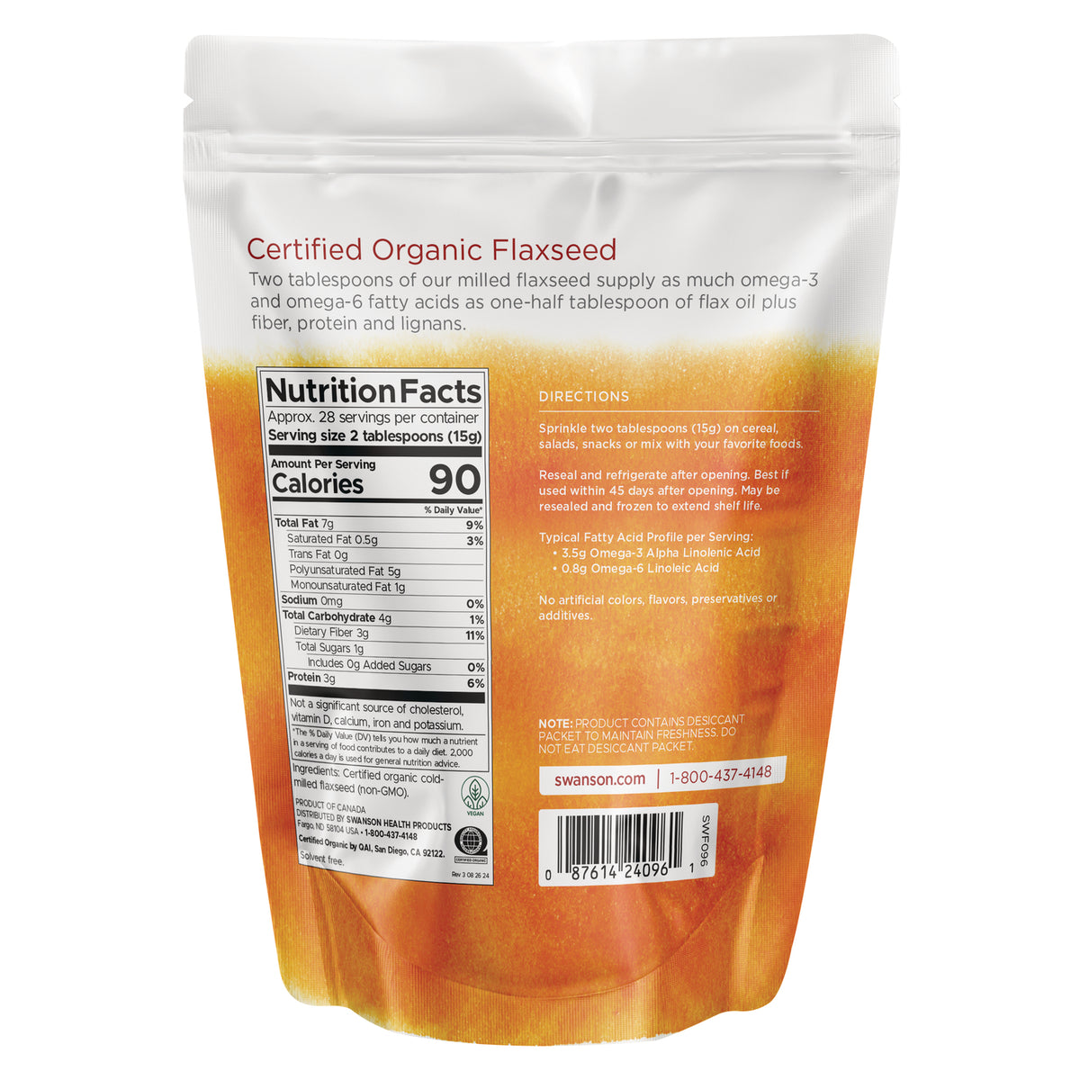 SWF096 | Back of Certified Organic Flaxseed pouch showing Nutrition Facts and directions