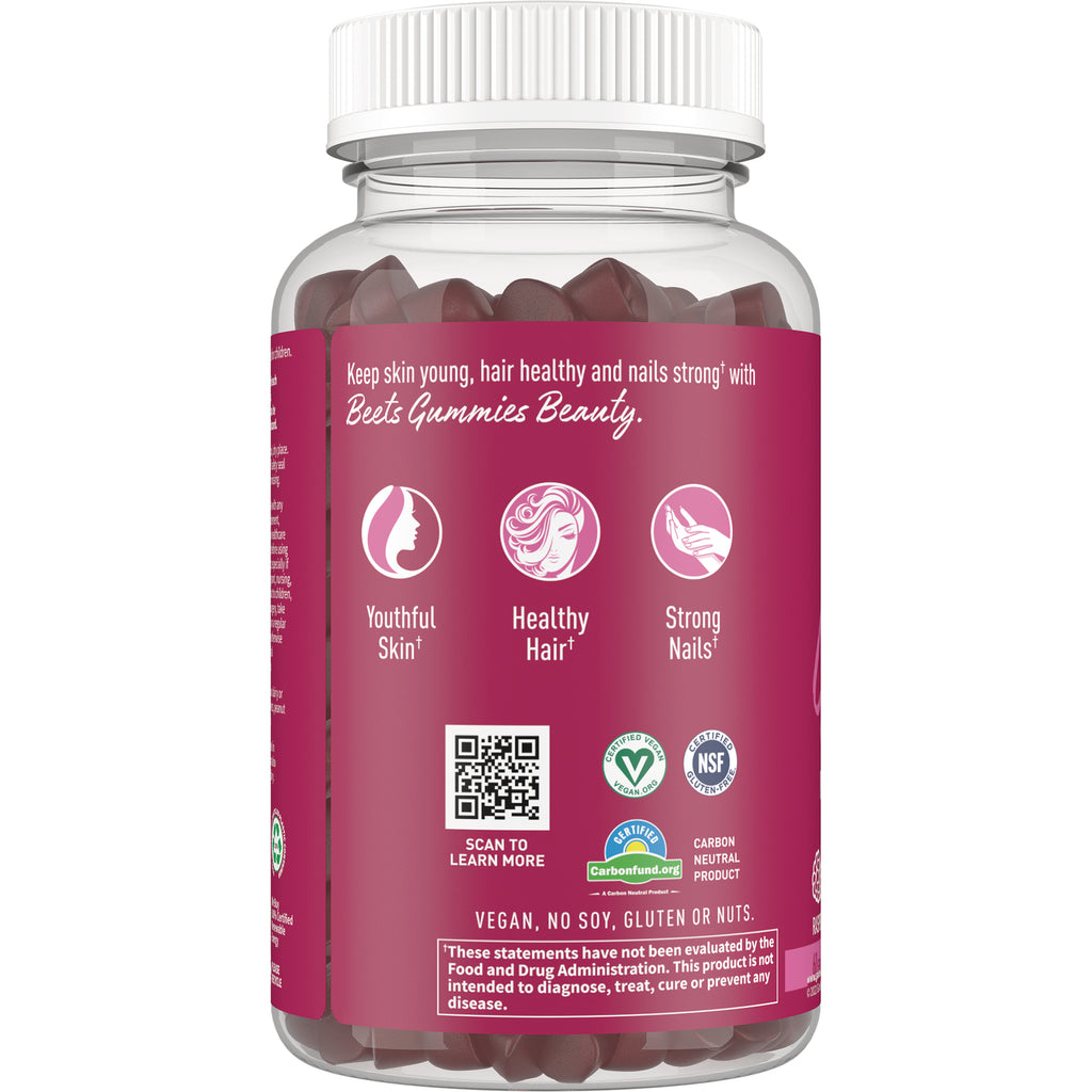GLF348 | back label of gummy bottle showing benefits icons Youthful Skin, Healthy Hair, Strong Nails, QR code and certifications - Thumbnail