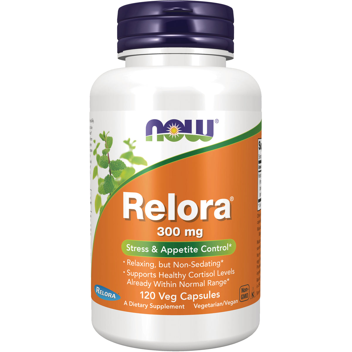 NWF1122 | NOW Relora 300 mg supplement bottle front label, 120 veg capsules, Stress & Appetite Control