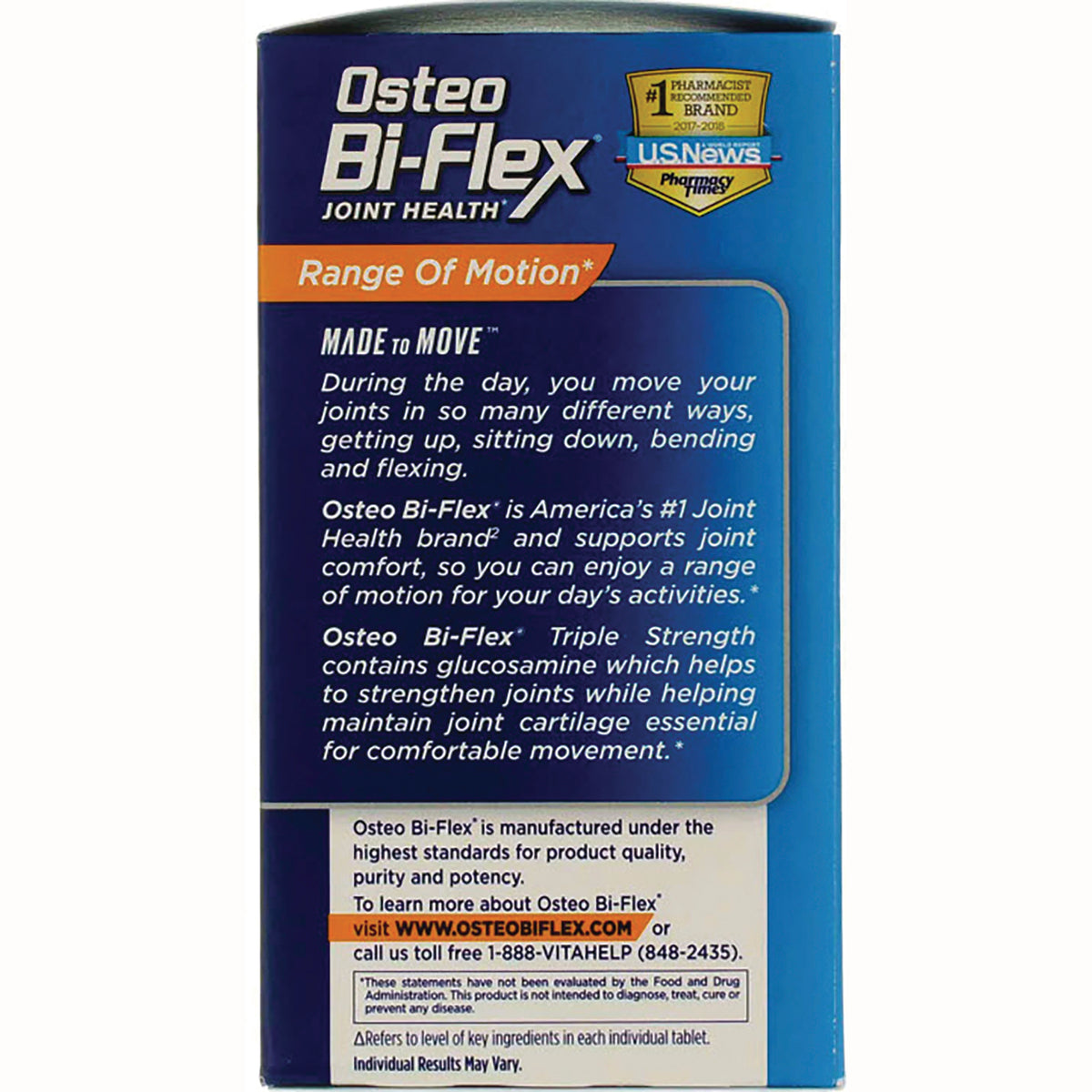 OBF007 | Back of Osteo Bi-Flex joint health box showing Range Of Motion text, product description and website WWW.OSTEOBIFLEX.COM