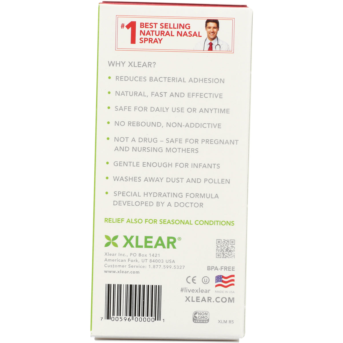 XL001 | Xlear nasal spray box panel with 'Why XLEAR?' benefits list and '#1 Best Selling Natural Nasal Spray' badge