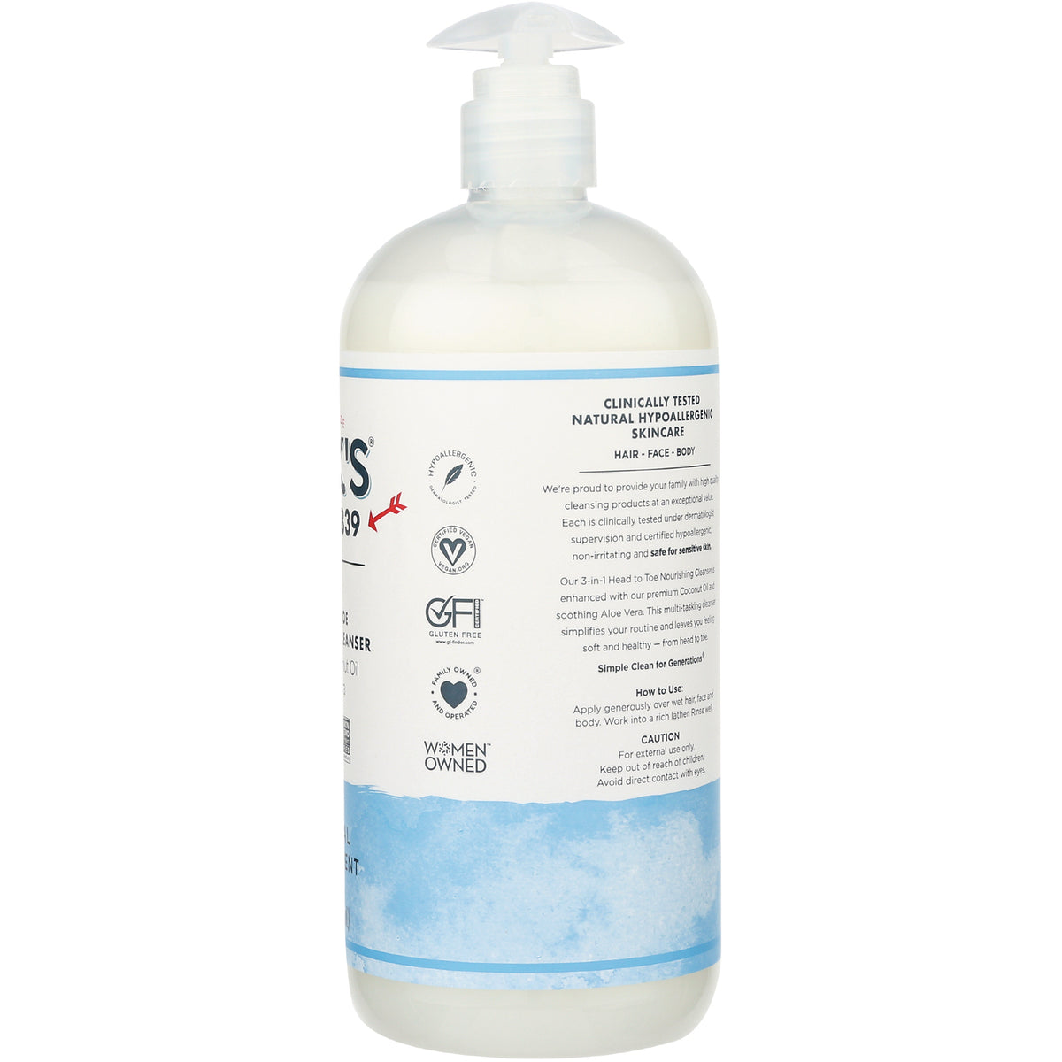 KIR017 | Back label of white pump bottle showing ingredients and directions with certification icons including gluten free and women owned