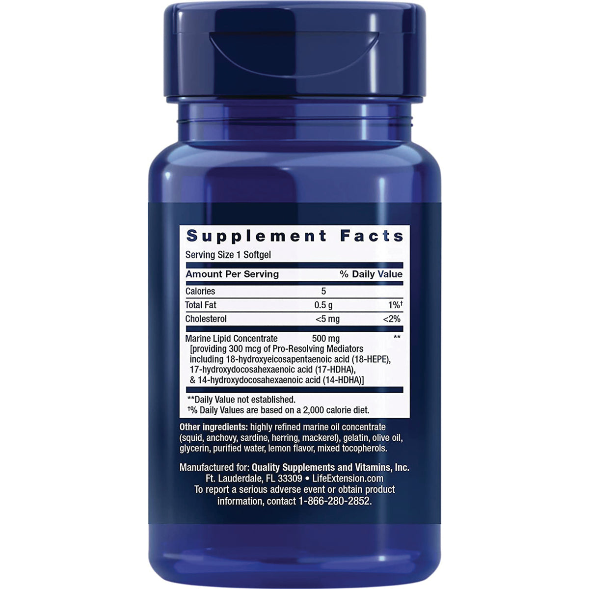 LE483 | Back of blue supplement bottle showing Supplement Facts label reading Serving Size 1 Softgel and ingredients