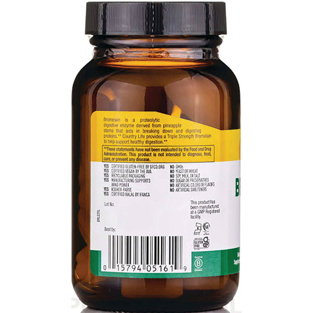 CRL282 | amber supplement bottle back showing label with ingredients, certifications, and barcode