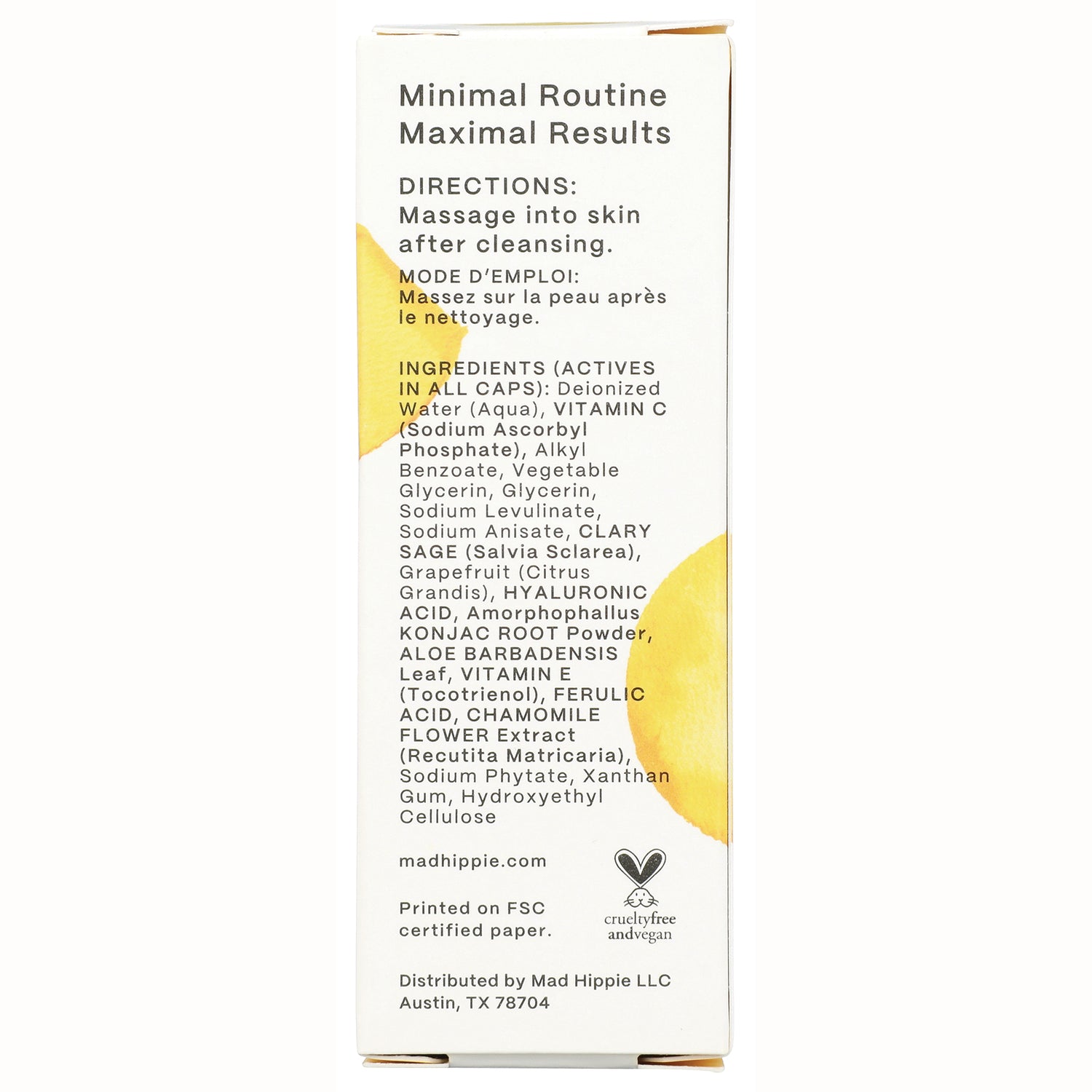 HIP005 | back of product box showing directions and ingredient list for Mad Hippie vitamin C serum
