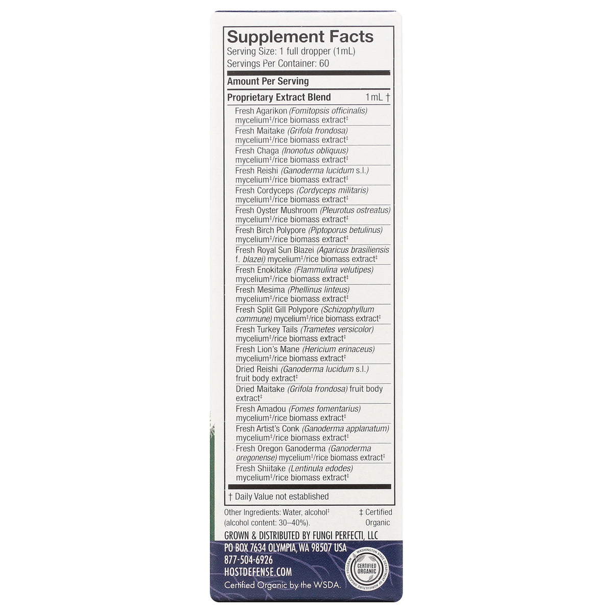 FUN001 | Back panel showing Supplement Facts with proprietary mushroom extract blend ingredients and serving size