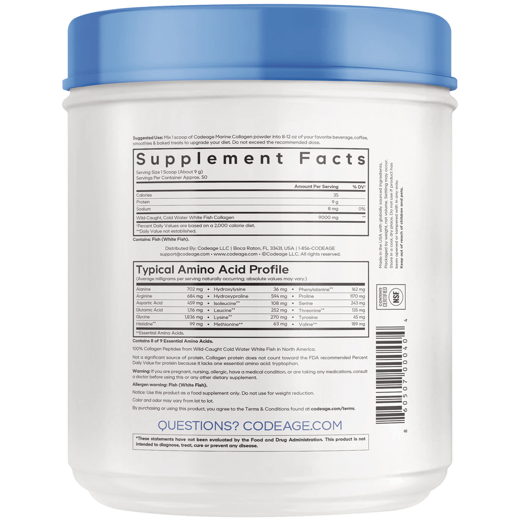 CDG071 | Back label showing Supplement Facts panel, Typical Amino Acid Profile panel, serving size and suggested use on a white jar - Thumbnail